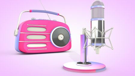 Studio microphone and retro radio. 3D rendering.の写真素材