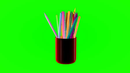 glass with colored pencils on a green background. 3d rendering.の写真素材