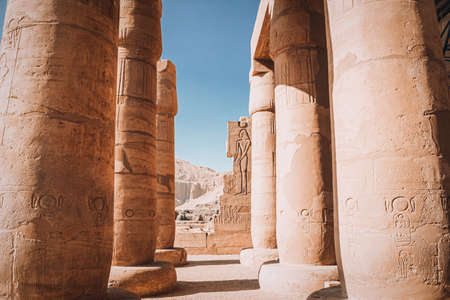 Ruins of the Egyptian temple of Ramesseum, the funeral temple of Pharaoh Ramses II XIII century BC, near the modern city of Luxor.の写真素材