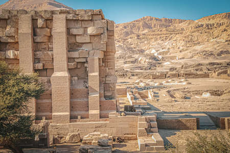 Ruins of the Egyptian temple of Ramesseum, the funeral temple of Pharaoh Ramses II XIII century BC, near the modern city of Luxor.の写真素材