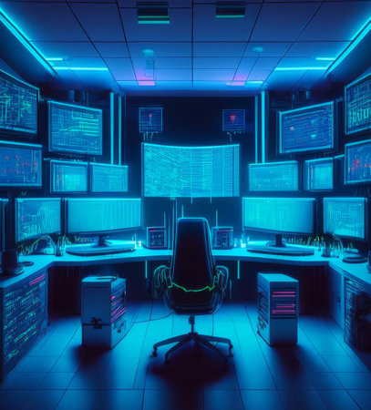 Computer control room with several screens in neon light. Illustration created by artificial intelligence.の素材