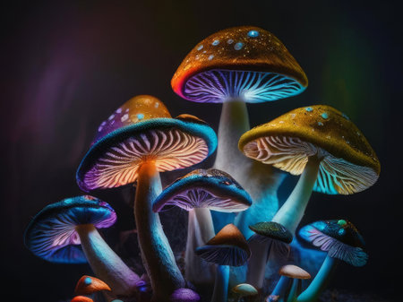Magic mushrooms in the forest. Colorful glowing mushrooms in the mystical forest. Generative AI.の素材