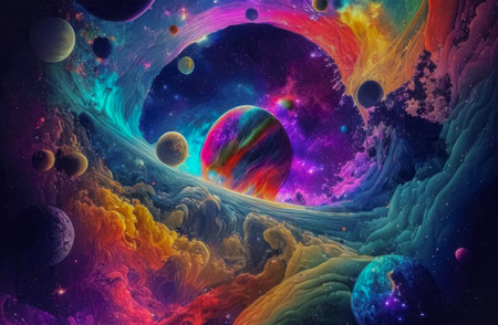 Jewelry crown made of gold and precious stones. Royal decoration on a dark backgroundbeautiful fantasy universe with planets, star nebulae and comets. AI generated illustrationの素材