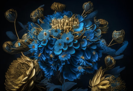 Illustration of a graceful bouquet of flowers in blue and gold color.の素材