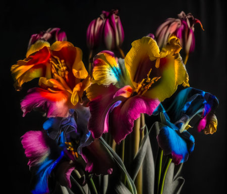Illustration of a bright fantastic bouquet of flowers on a dark background.の素材