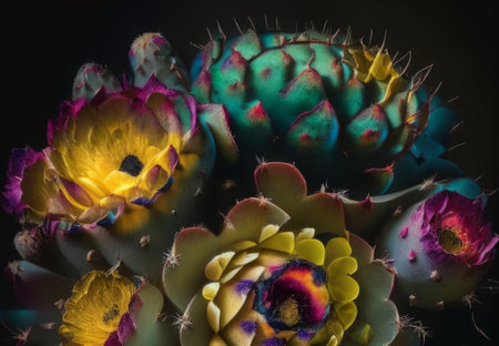 Illustration of a bright fantastic bouquet of flowers on a dark background.の素材