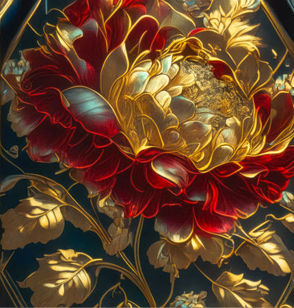 Illustration of elegant stained glass with peony flowers on a dark background.の素材