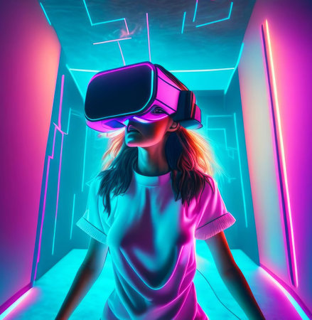 modern robot in 3D reality glasses, in a fantasy city.の素材