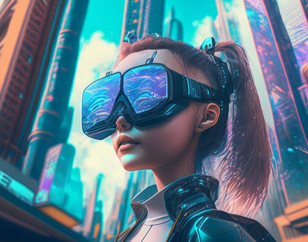 modern robot in 3D reality glasses, in a fantasy city.の素材