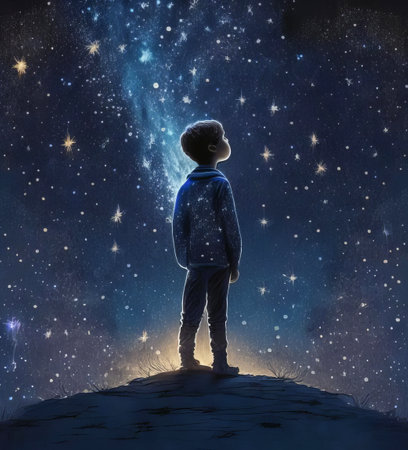the child looks into the starry sky. Generative AI.の素材