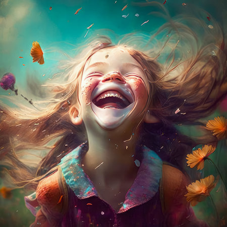 Picture of a happy child, the girl laughs with joy. Generative AI.の素材