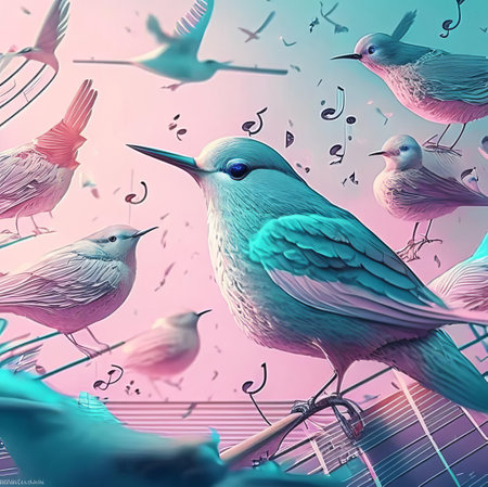 Illustration of music, notes and birdsong in pastel colors.の素材