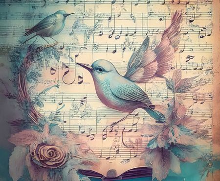 Illustration of music, notes and birdsong in pastel colors.の素材