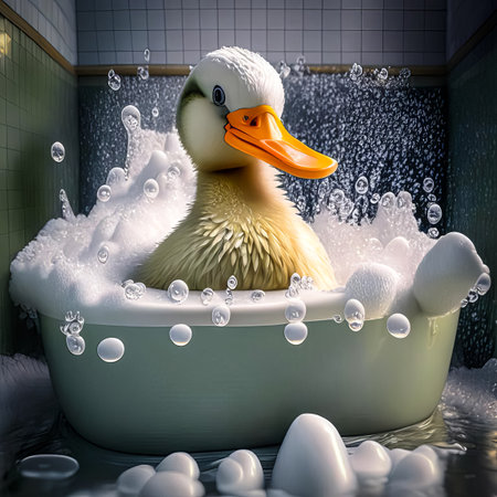 A cute duck bathes in soapy foam and bubbles in the bathroom.の素材