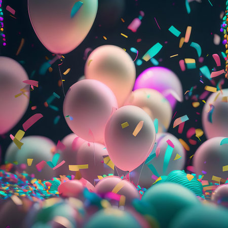 Bright colored balloons and confetti. Generative AI.の素材
