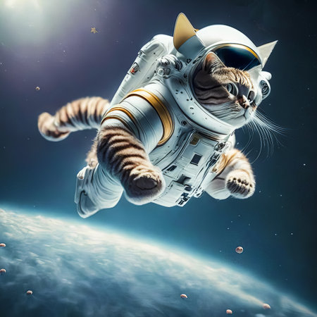An image of an astronaut cat in a colorful galaxy of bubbles on another planetの素材