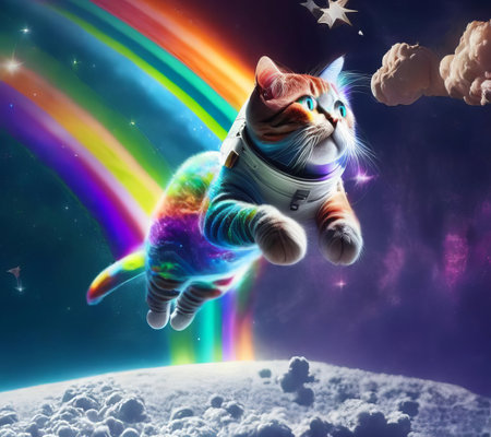 An image of an astronaut cat in a colorful galaxy of bubbles on another planetの素材