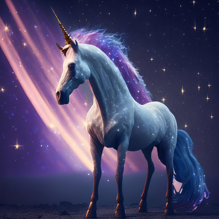 Beautiful and powerful rainbow fantasy unicorn. Generative AI.の素材