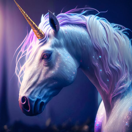 Beautiful and powerful rainbow fantasy unicorn. Generative AI.の素材