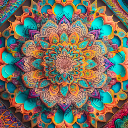 Bright and colorful graphic background, mandala with bright oriental patternの素材