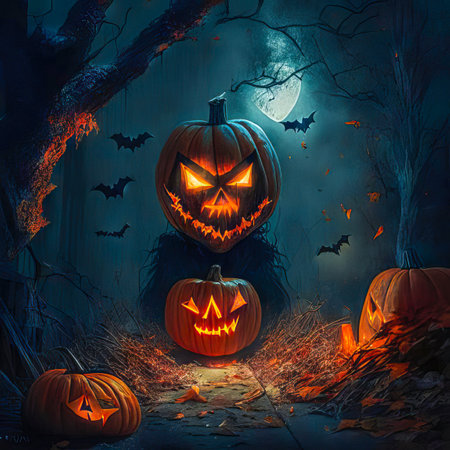Halloween, pumpkins, bats and a graveyard on a moonlit night before Halloween.の素材