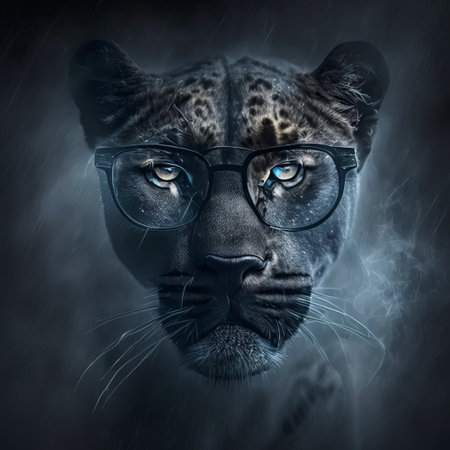 Wise animal with glasses. Portrait of a leopard, panther in glasses on a dark background.の素材