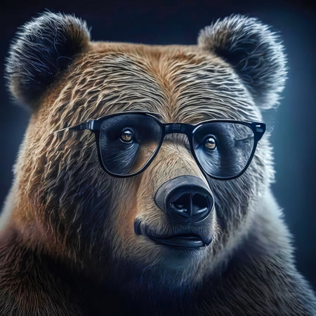 Wise animal with glasses. Portrait of a bear in glasses on a dark background.の素材