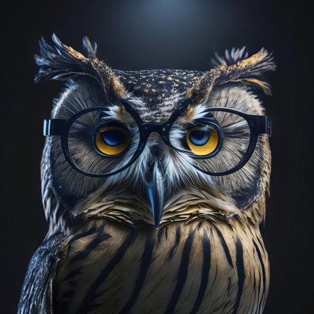 Wise animal with glasses. Portrait of an owl with glasses on a dark background.の素材