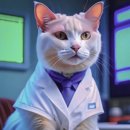 Portrait of a cute cat in a stethoscope in medical clothes, a cat doctor in a veterinary clinic. cat veterinarian.の素材