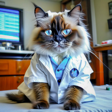 Portrait of a cute cat in a stethoscope in medical clothes, a cat doctor in a veterinary clinic. cat veterinarian.の素材