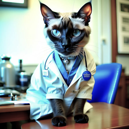Portrait of a cute cat in a stethoscope in medical clothes, a cat doctor in a veterinary clinic. cat veterinarian.の素材