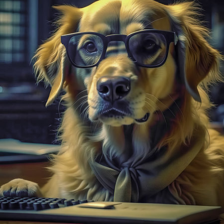 Serious dog manager, dog accountant, dog secretary, dog with calculator and notepad.の素材