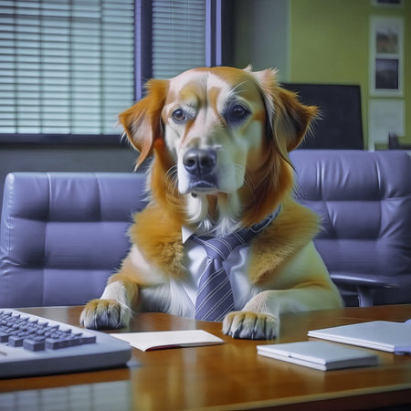 Serious dog manager, dog accountant, dog secretary, dog with calculator and notepad.の素材