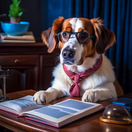 Serious dog writer, dog journalist, dog secretary, dog with book and feather.の素材