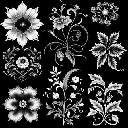 Luxury botanical background with trendy black and white minimalist flowers on a white backgroundの素材