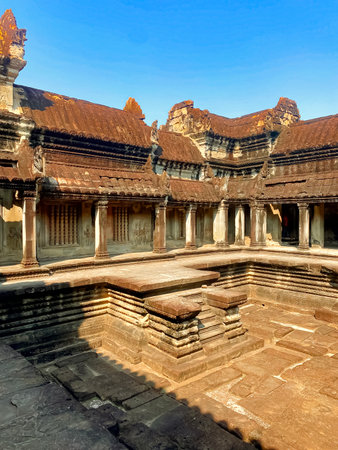 Angkor Wat, a temple complex in honor of the god Vishnu, built in the Angkor region, Siem Reap province in northern Cambodia.の写真素材