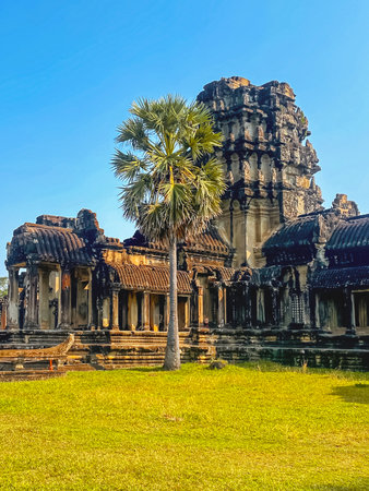 Angkor Wat, a temple complex in honor of the god Vishnu, built in the Angkor region, Siem Reap province in northern Cambodia.の写真素材