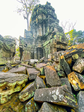 Ta Prohm, a mysterious temple of the Khmer civilization, located on the territory of Angkor in Cambodia.の写真素材