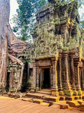 Ta Prohm, a mysterious temple of the Khmer civilization, located on the territory of Angkor in Cambodia.の写真素材