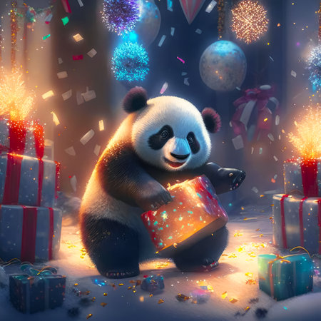 New Year, Christmas, funny pandas near the New Year tree with gifts.の素材
