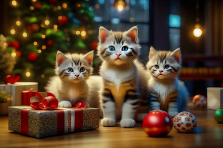 Beautiful cute kittens with Christmas gifts in a festive interior.の素材