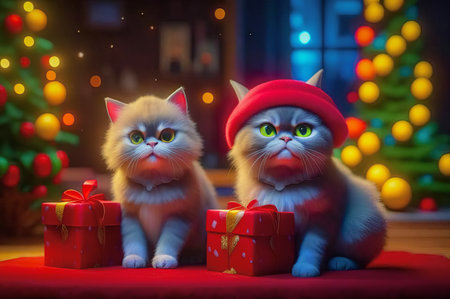 Beautiful cute kittens with Christmas gifts in a festive interior.の素材
