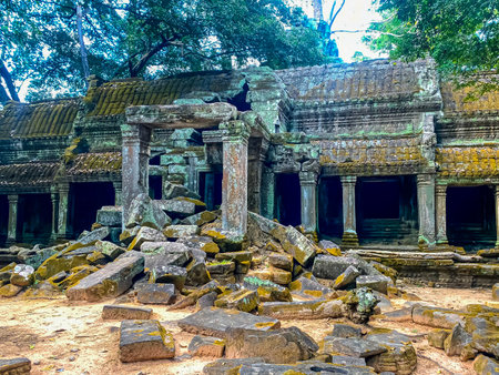 Ta Prohm, a mysterious temple of the Khmer civilization, located on the territory of Angkor in Cambodia.の写真素材