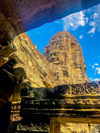 The three-level Mount Bayon Temple, a temple of the Khmer civilization, located on the territory of Angkor in Cambodia.の写真素材