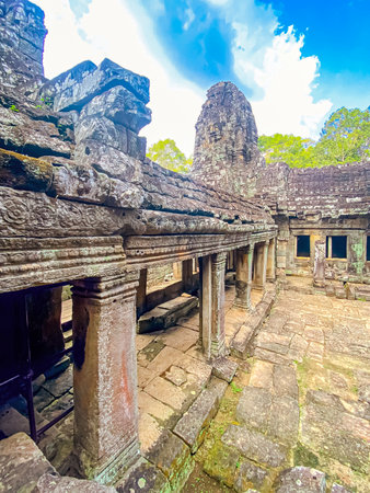The three-level Mount Bayon Temple, a temple of the Khmer civilization, located on the territory of Angkor in Cambodia.の写真素材