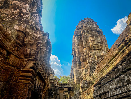 The three-level Mount Bayon Temple, a temple of the Khmer civilization, located on the territory of Angkor in Cambodia.の写真素材
