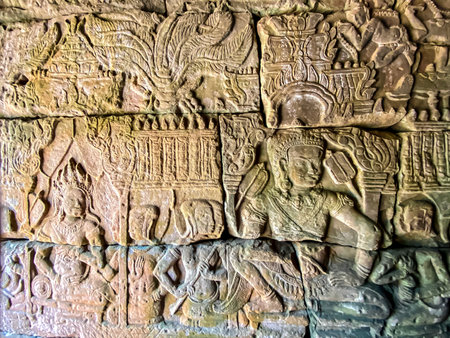 The three-level Mount Bayon Temple, a temple of the Khmer civilization, located on the territory of Angkor in Cambodia.の写真素材