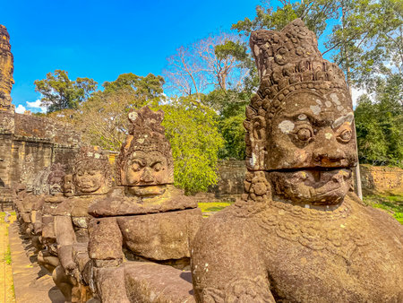 The three-level Mount Bayon Temple, a temple of the Khmer civilization, located on the territory of Angkor in Cambodia.の写真素材