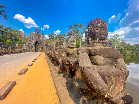 The three-level Mount Bayon Temple, a temple of the Khmer civilization, located on the territory of Angkor in Cambodia.の写真素材