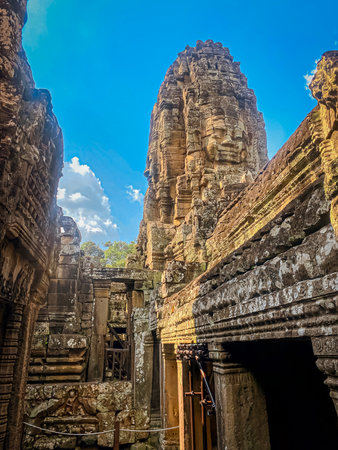 The three-level Mount Bayon Temple, a temple of the Khmer civilization, located on the territory of Angkor in Cambodia.の写真素材